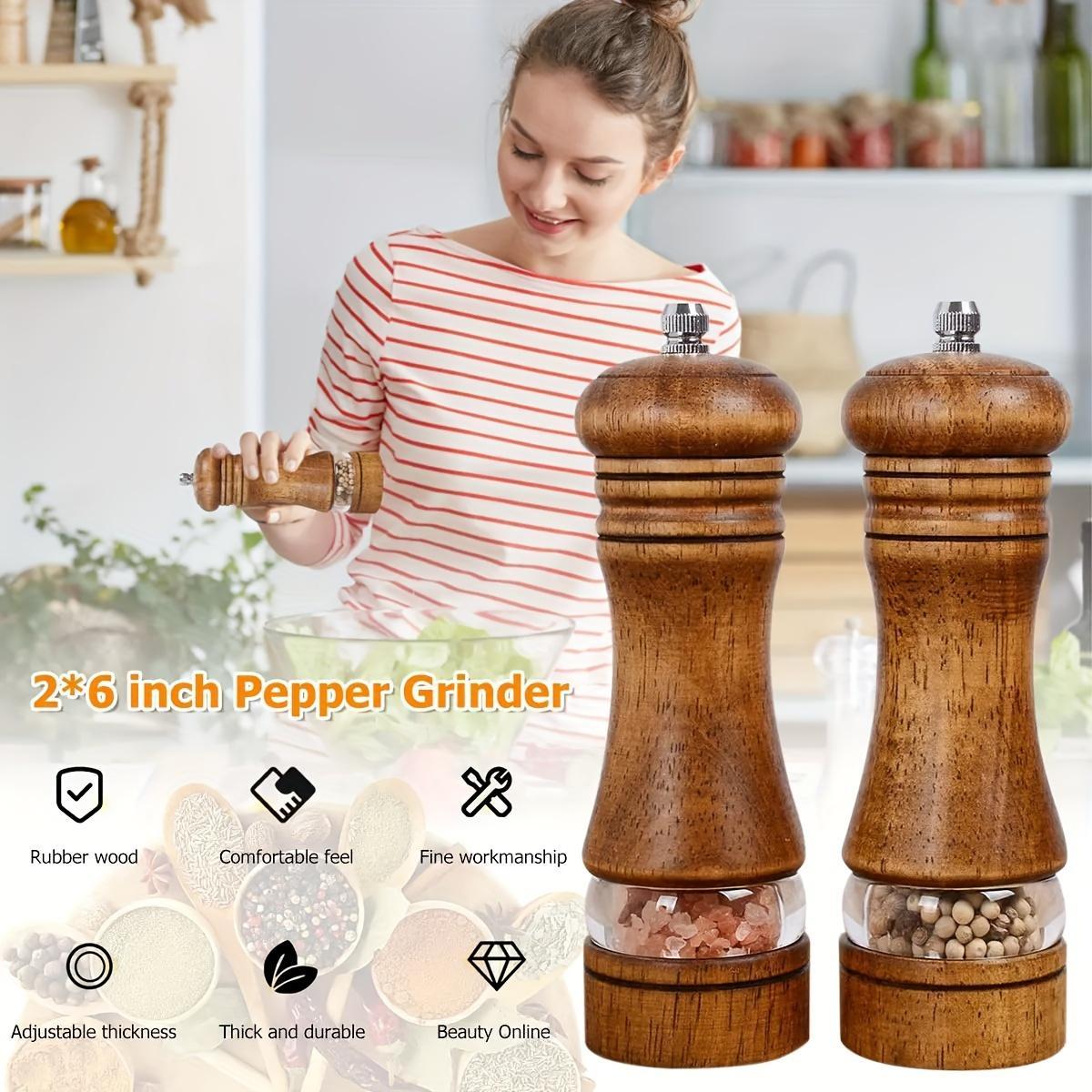 2pcs, Pepper Grinder, Household Sea Salt Ginder, Wooden Spice Grinder, Manual Pepper Mill, Spice Crusher, Reusable Spice Bottle for BBQ Picnic Camping, Kitchen Gadgets, Valentine's Day Gifts, Kitchen Decoration