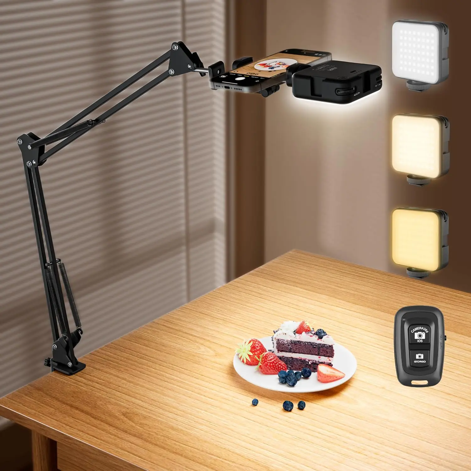 Overhead Phone Mount with LED Selfie Light and  Remote, Rechargeable Ring Light Tripod Stand with Flexible Boom Arm, Desk Phone Holder for Video Recording, Live Streaming, , Vlogging