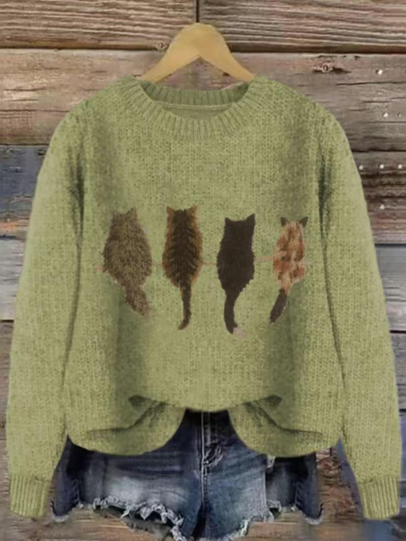 Women's Cat Pattern Knit Sweater, Soft Comfortable Round Neck Pullover, New Design Casual Fashion Lazy Style Top