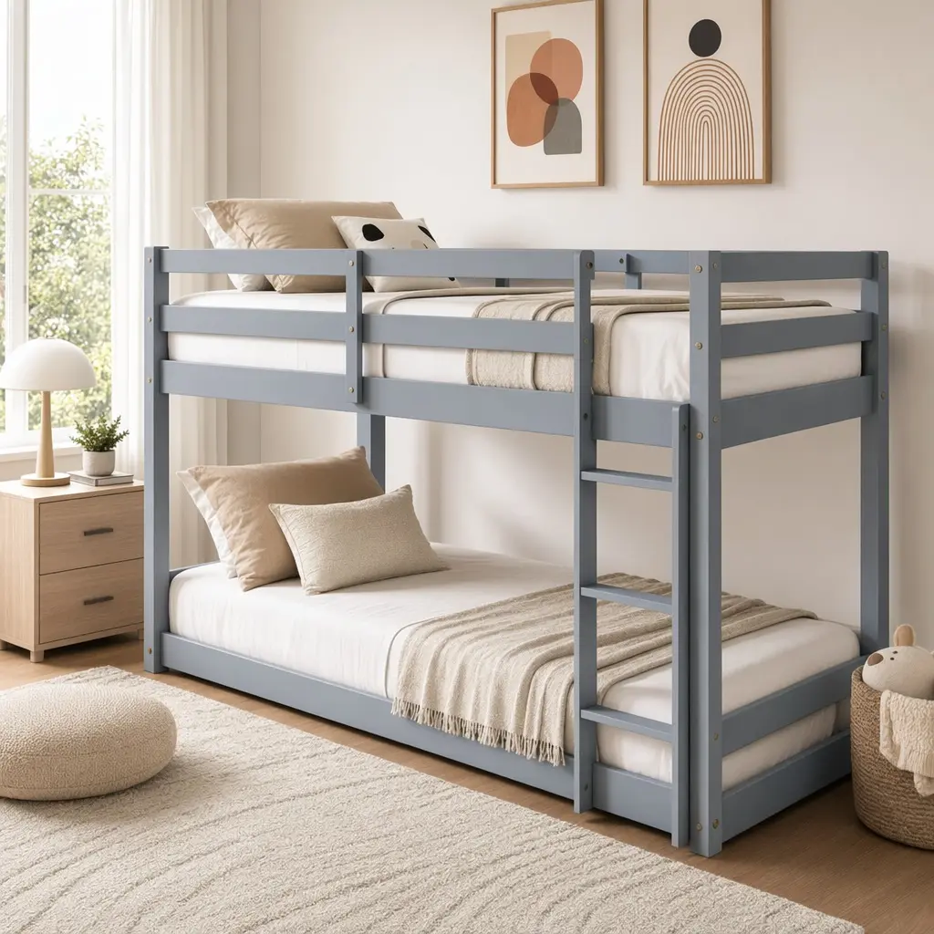 ARCH Modern Space-Saving Solid Wood Twin-over-Twin Low Profile Storage Bed, Secure Ladder, Sturdy Slat Platforms, Spacious Area Beneath, Grey, 77.3" L x 43.8" W x 46.6" H, 92.2 lbs, Assembly Required, 200 lbs Bottom Capacity