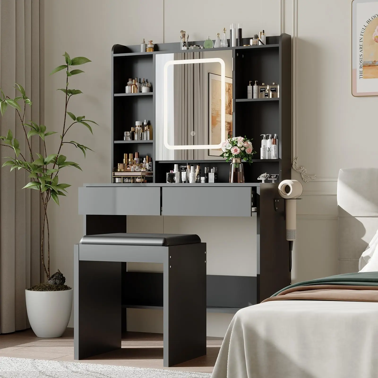 Vanity Desk with Mirror and Lights for Bedroom – Adjustable 3 Color Light Modes, Includes Padded Stool, Hidden Storage Shelves, USB Outlets & Hairdryer Holder