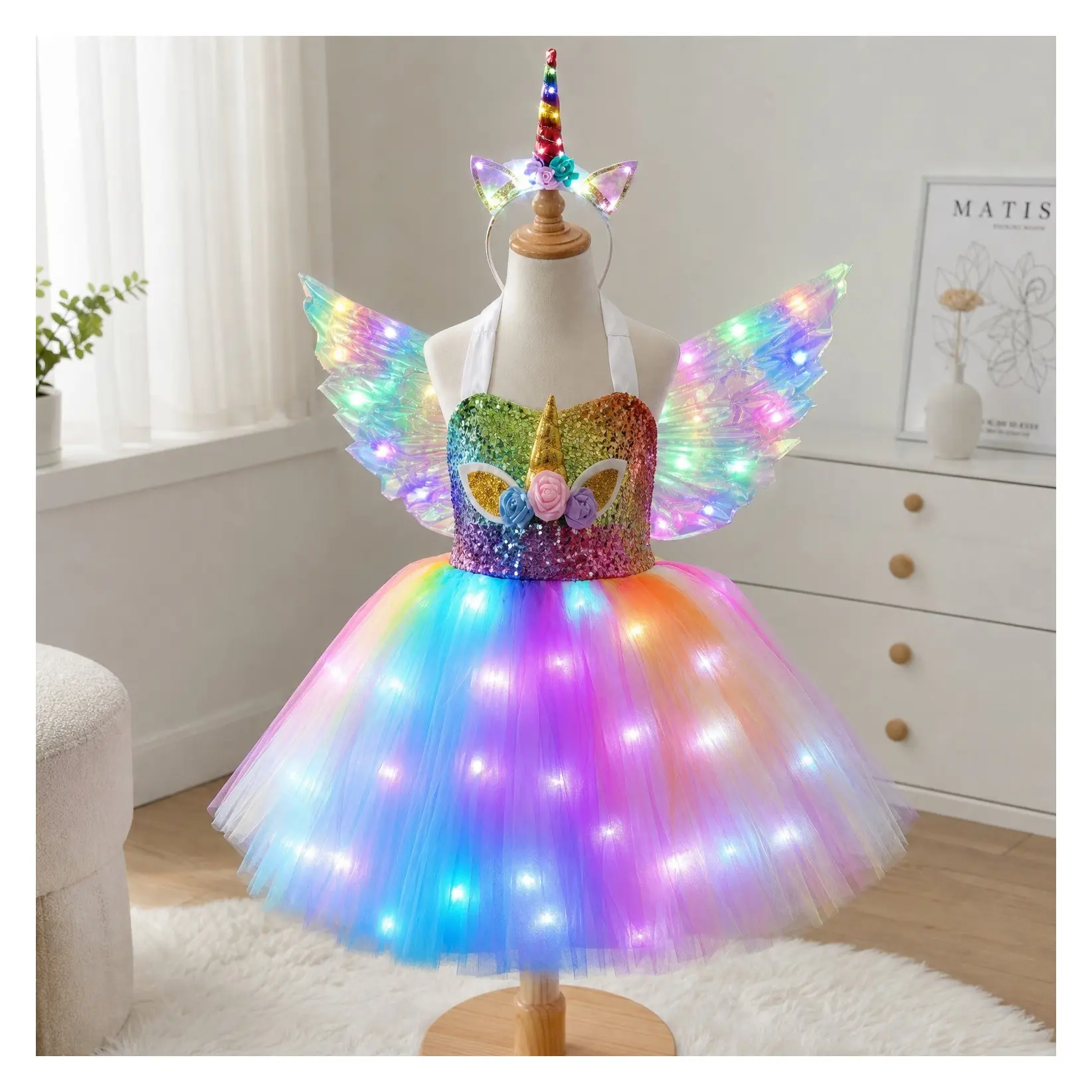 Girls Unicorn Costume Rainbow Dress with LED Light Up Tutu and Wings Halloween Birthday Party OutfitGift