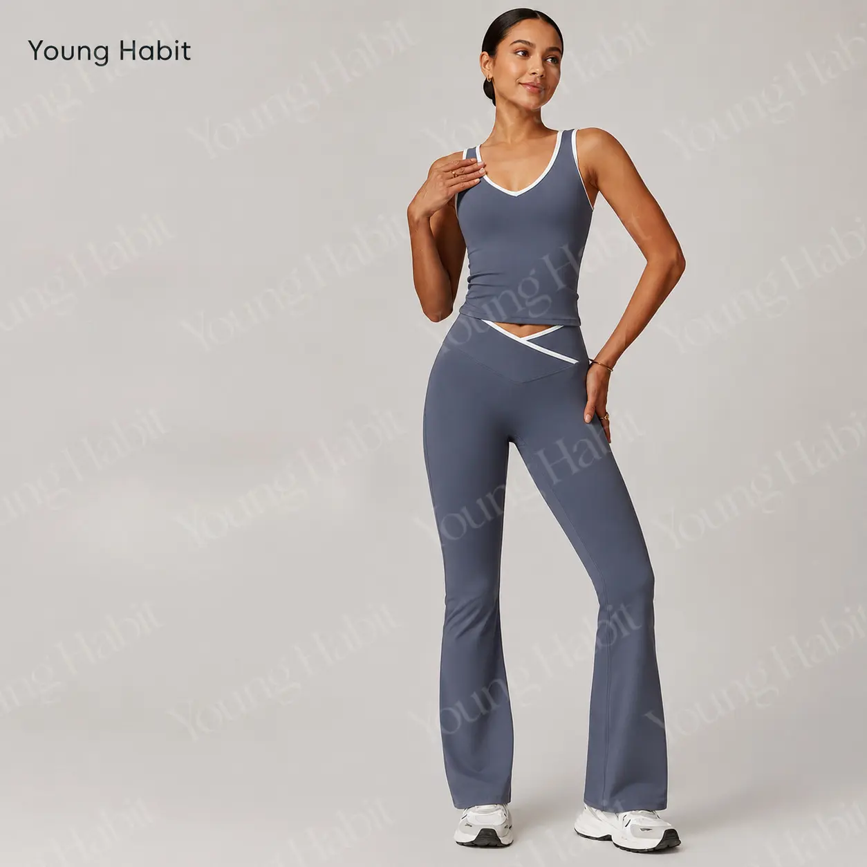 Young Habit Women's Fashion Tank Top High Waist Micro Flare Yoga Set, Cross Back Design, Comfortable Elastic, Daily Workout Pilates, Workout Sets, Activewear Clothing, Sportswear Clothing, Fitness Clothing