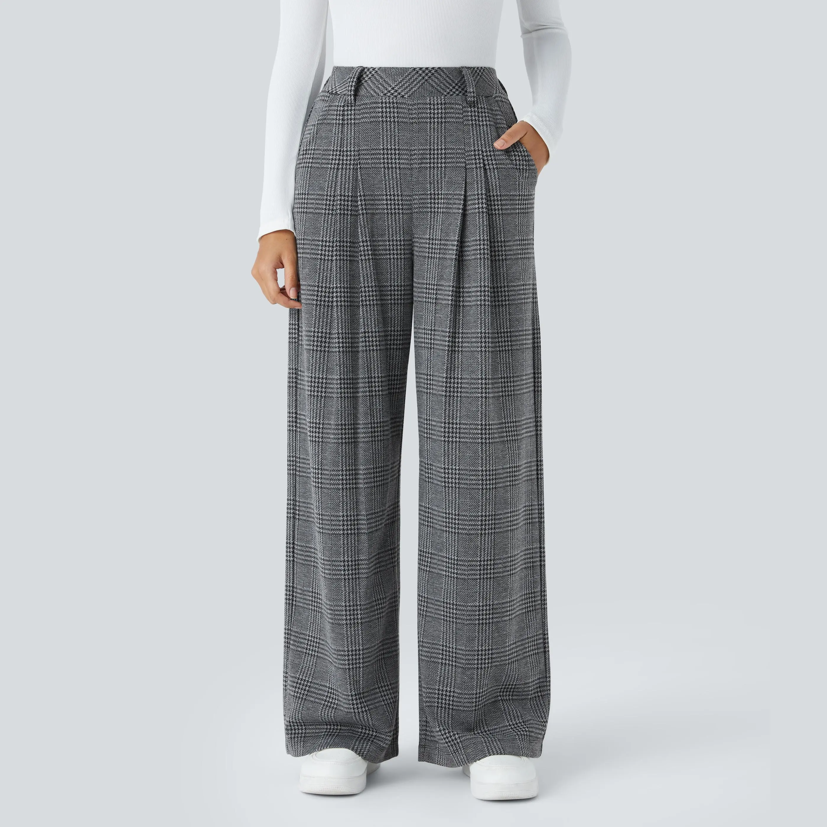 Halara High Waisted Pocket Wide Leg Houndstooth Plaid Casual Pants