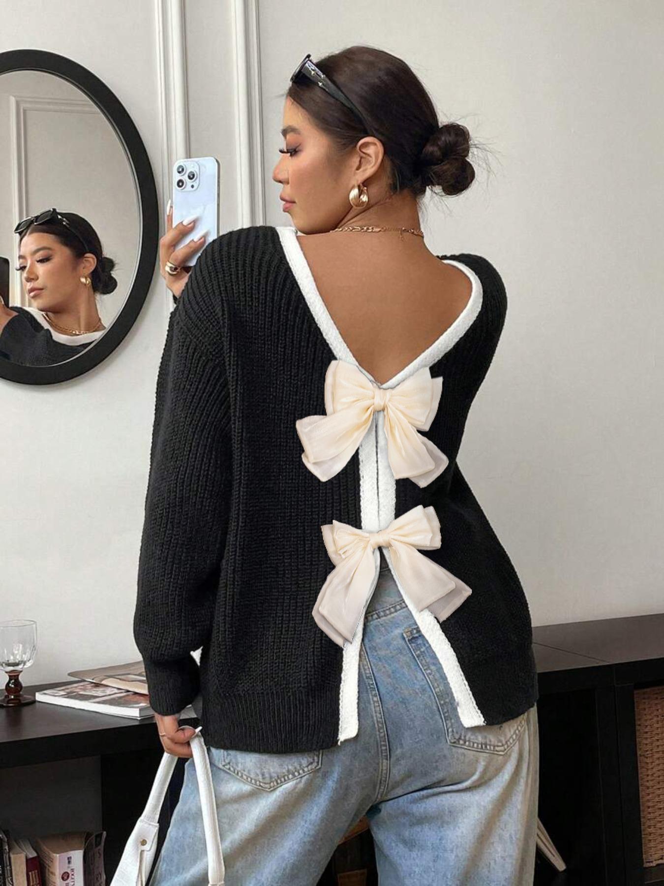 Women's Colorblock Bow Decor Contrast Binding Drop Shoulder Sweater, Elegant Long Sleeve Jumper for Fall & Winter, Fashion Ladies' Knitwear for Daily Wear Tops, Knit Sweater Clothing
