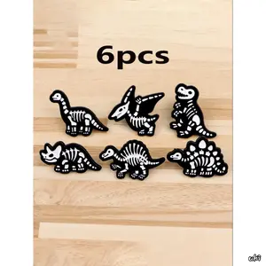 6Pcs Cartoon Dinosaur Skull Skeleton Zinc Alloy Brooch Set, Cute Metal Drop Pin Badges, Versatile All-Season Decor Pins, Ideal Halloween Party Fashion Accessories