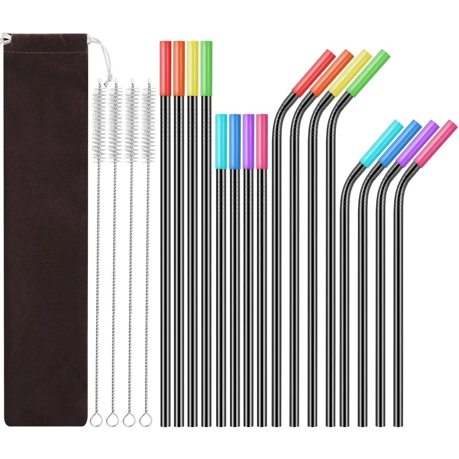 Set of 16  Stainless Steel Straws with Travel Case Cleaning Brush  Tips  Extra Long Metal Straws Drinking for 20 24 30 oz Tumbler, Black