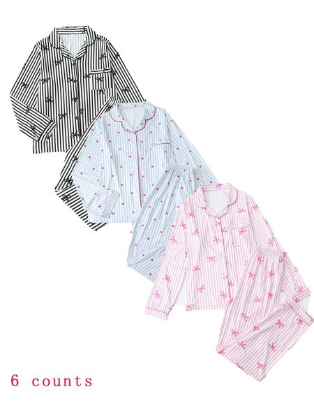 【Valentine Pajamas】Two-Piece Set Women's All Over Bow Print Button Front Shirt & Pants Pyjama, Casual Comfy Long Sleeve Lapel Neck Top & Trousers PJ Set, Women's Sleepwear for Spring & Fall