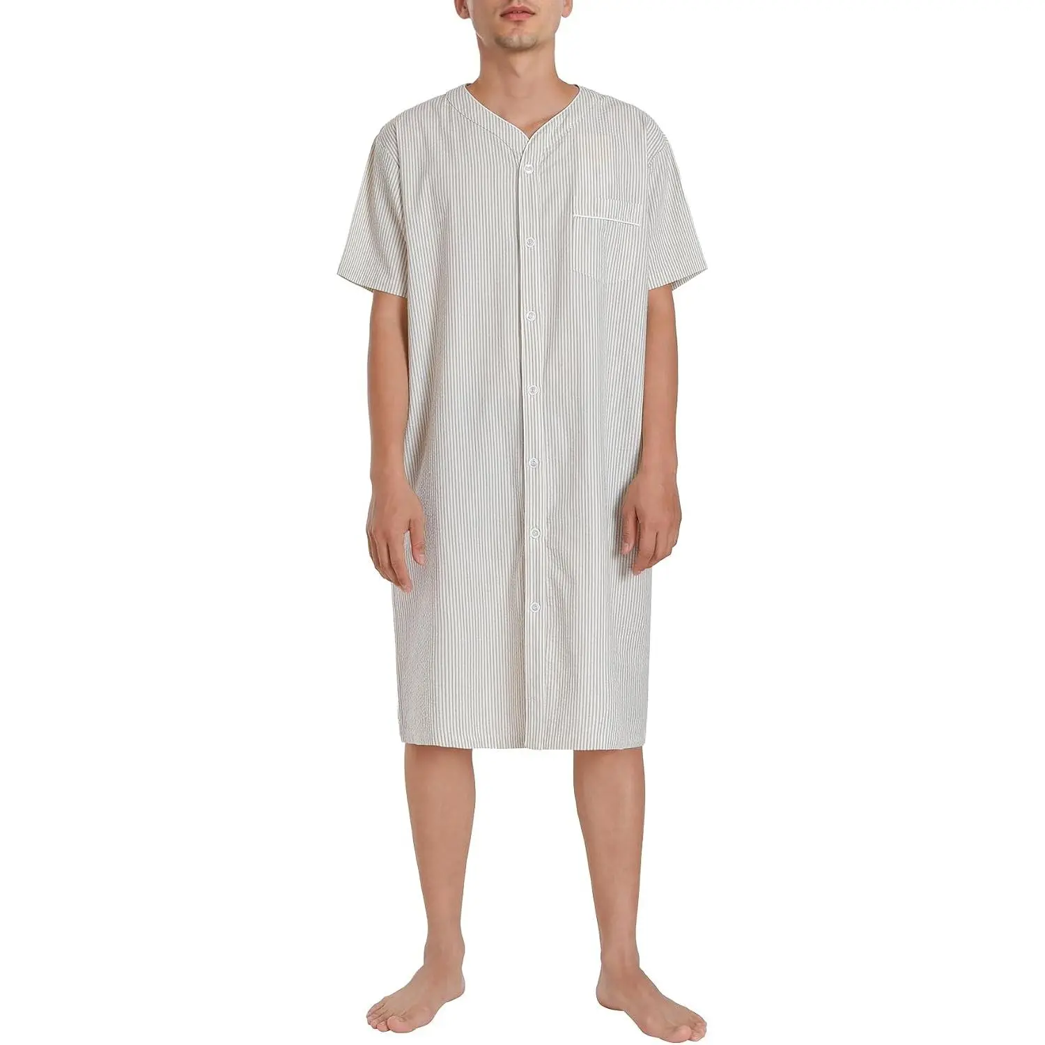 Latuza Men's Cotton Button Down Nightshirt Seersucker Short Sleeve Sleep Shirt