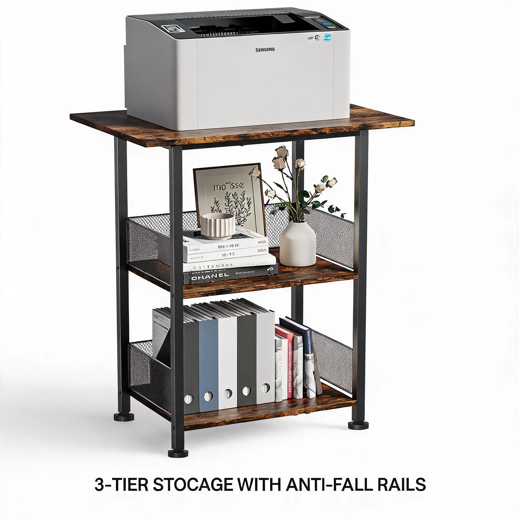 3-Tier Printer Stand, Industrial Mobile Printer Table with Storage Shelves,Rolling Printer Cart on Wheels with Lockable Casters