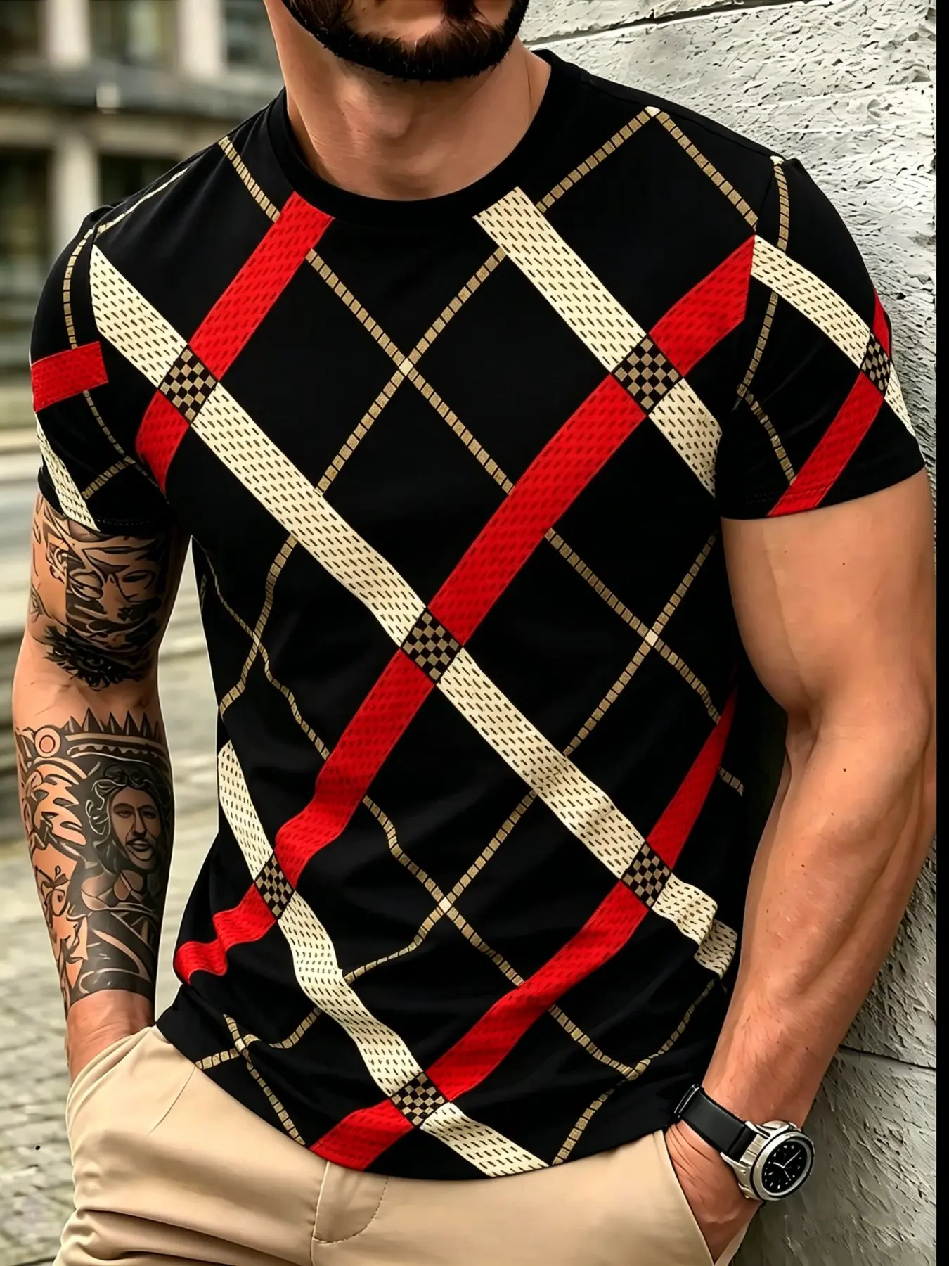 Men's Classic Houndstooth Print Round Neck Short Sleeve T-Shirt, Casual Summer Streetwear Top, Breathable Daily Wear Clothing
