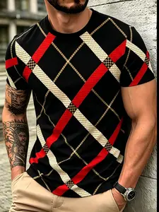 Men's Classic Houndstooth Print Round Neck Short Sleeve T-Shirt, Casual Summer Streetwear Top, Breathable Daily Wear Clothing
