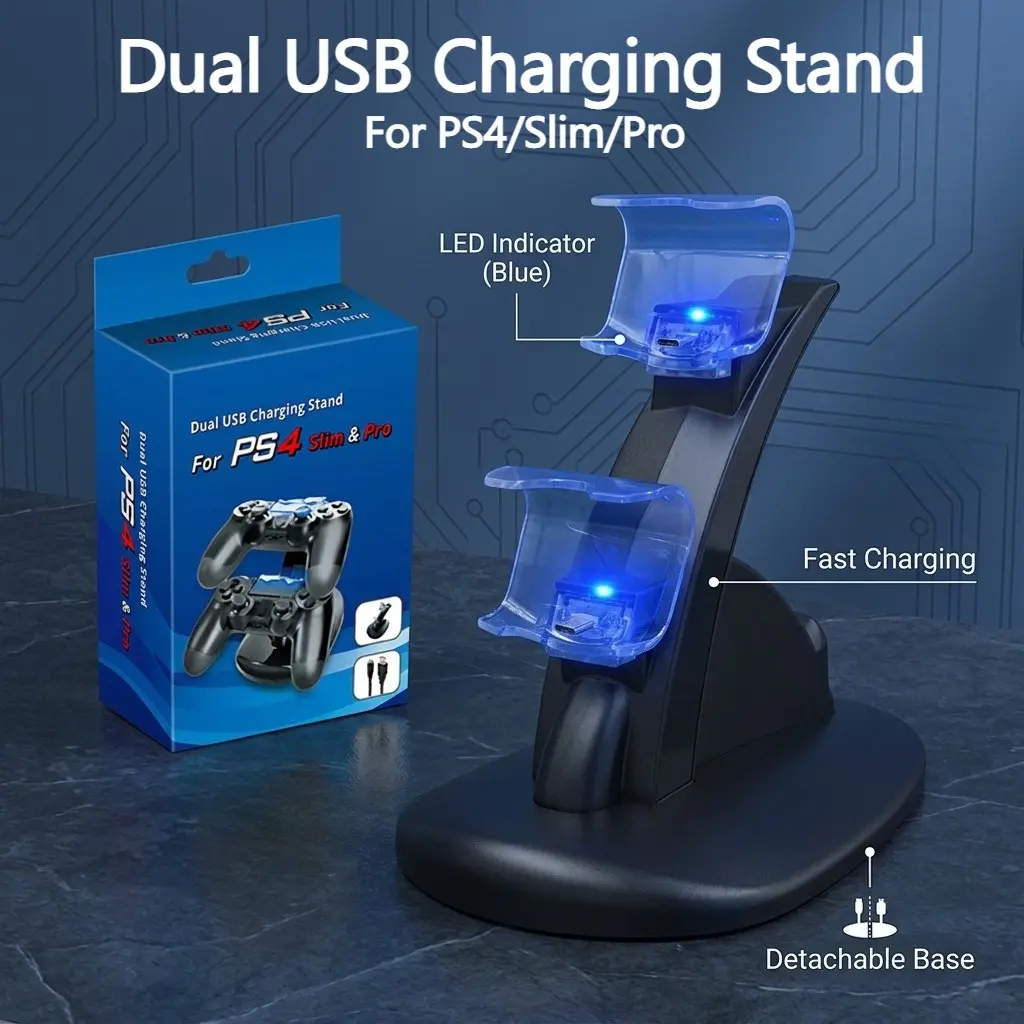 Ps4 Controller Dual Charger Stand, Micro USB Port, Charges Two Controllers Simultaneously, Ideal for Travel Use