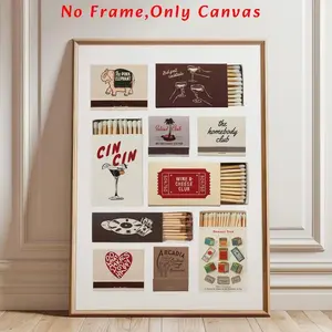 2D Flat 1pc Unframed Canvas Poster,Vintage Matchbox Printing, Matchbox Pattern Wall Art,Canvas Painting, Poster Print, Artwork Wall Painting for Gift, Bedroom, Office, Living Room, Wall Decor, Home Decoration, Gift for Valentine's Day