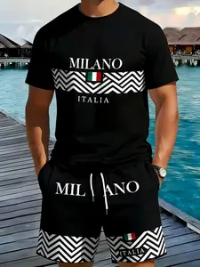 Milan Italian Style Men's Casual Short Sleeve Set, Fashion Graphic T-Shirt with Shorts, Loose-Fitting Sportswear for Men