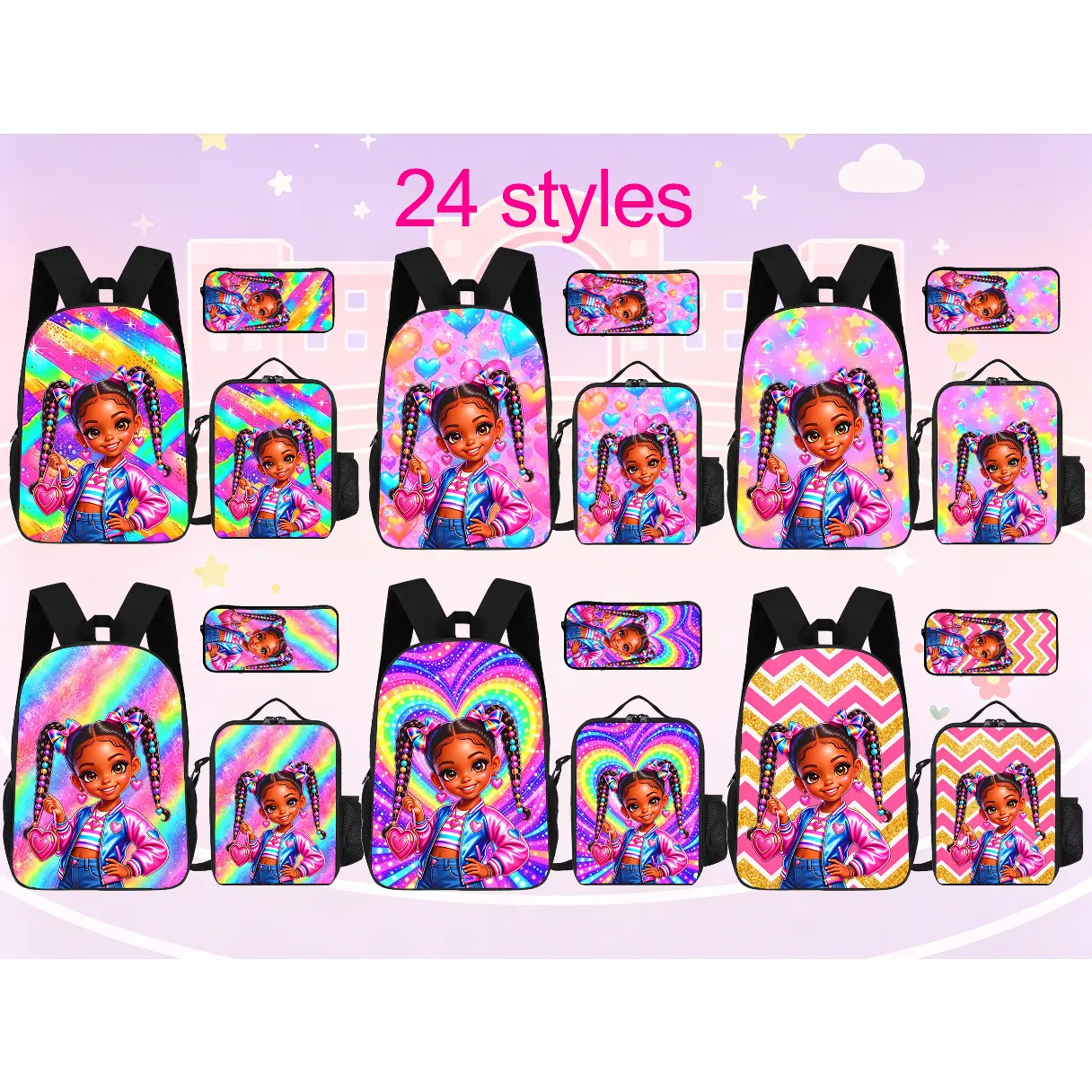 Girls 3 In 1 School Backpack Kit,Includes Student Backpack,Insulated Lunch Cooler Bag & Pen Pouch,24 Colorful Rainbow Backgrounds, Custom Cute Black Braided Hair Girl Design,Lightweight Back To School Supplies For Girls # GirlsBackpackSet # CustomBackpack