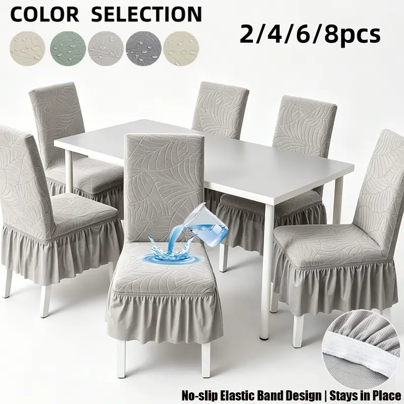 Dining Chair Cover 4pcs Jacquard Chair Cover for Dining Room Wedding Banquet Chair Protector Leaf Pattern Slipcover for Chair Seat Backrest for Dining Room(light grey with Skirt,2/4/6/8pcs)