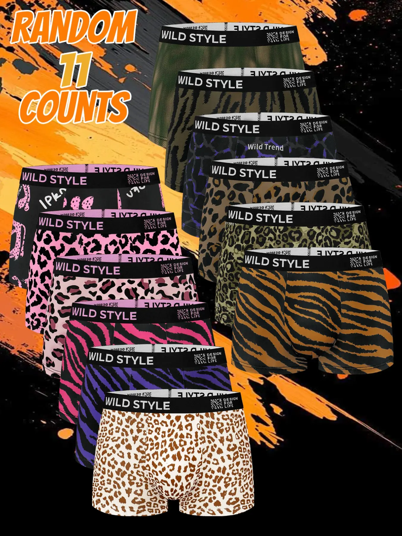 11pcs random men's printing leopard print flat cornered underwear, fashionable design, soft and comfortable, Mix and match trendy styles, Suitable for daily home leisure, Breathable elastic fabric, Four season outfit matching-Men's flat cornered underwear