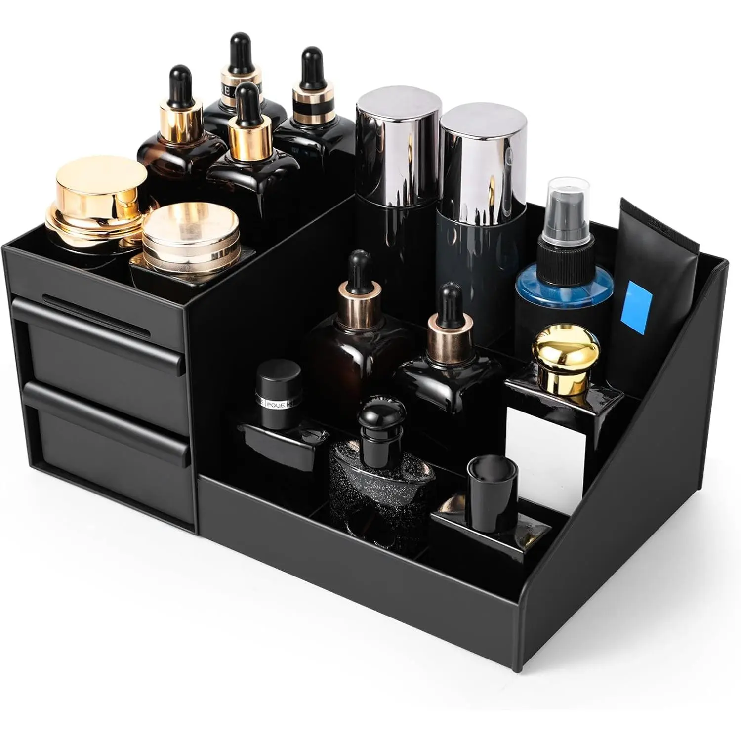 Matte Black Perfume Organizer with Drawers, Large-Capacity Cologne Stand for Men, Countertop Storage for Skincare and Jewelry on a Bathroom Vanity