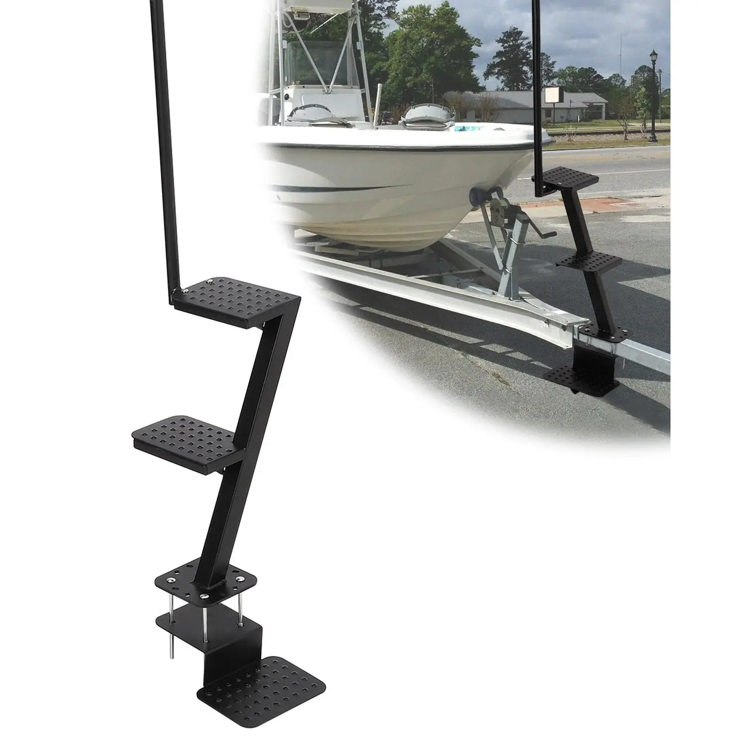 Heavy-Duty 2-Step Boat Trailer Ladder, Anti-Slip Surface, 500-lb Capacity, Carbon Steel, Black