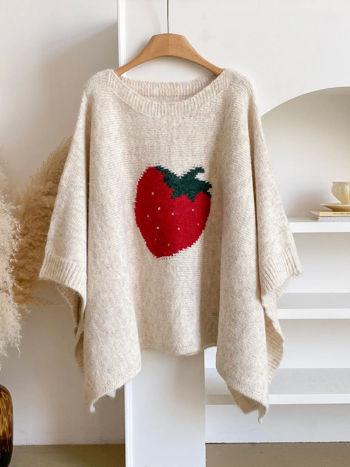 Women's Cute Strawberry Pattern Wool Knit Shawl, Round Neck V-Neck Design, Soft Comfortable Pullover Scarf, Fall Winter Fashion Accessory