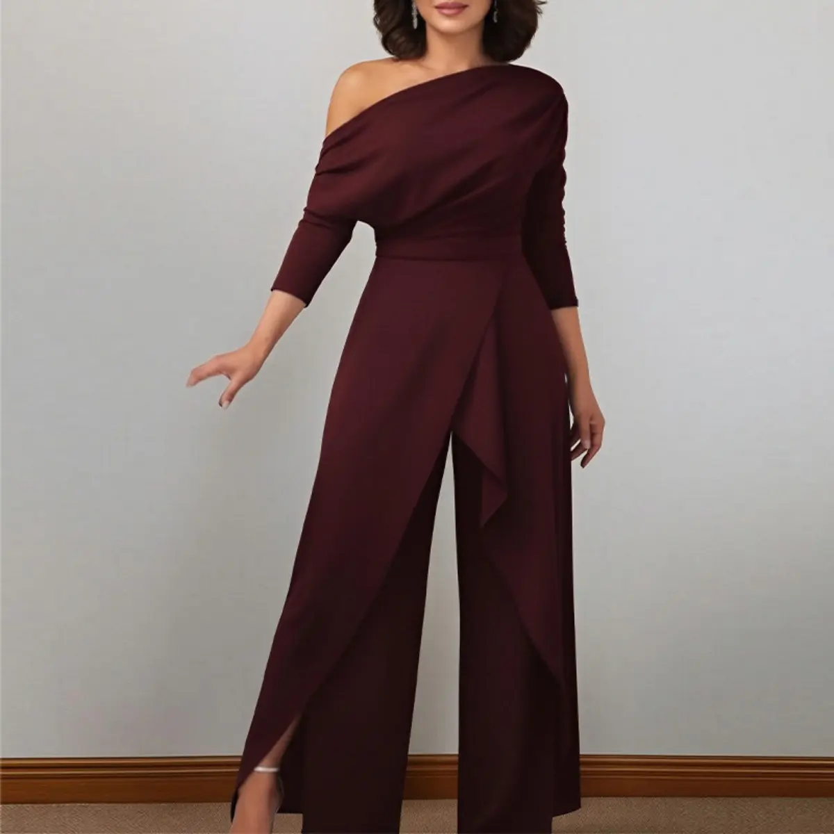 Women's Minimalist Draped Off-Shoulder Jumpsuit - High Elasticity 3/4 Sleeve, Straight Cut Wide Leg, Ruched, Formal Party Wedding Guest Outfit, All-Season, Accessory-Compatible, Cold Shoulder, Womenswear