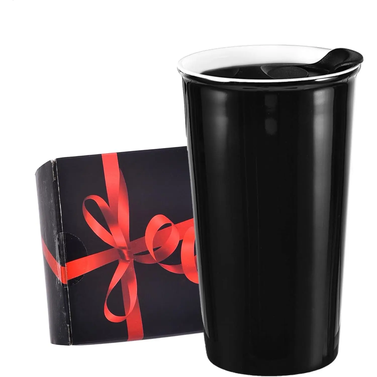 Ceramic Travel Mug, 12oz  To Go Coffee Mugs with Splash Resistant Lid and Color Box,  Double Wall Black Mug Porcelain Coffee Cup, Gifts for Women Men Her Him, Black