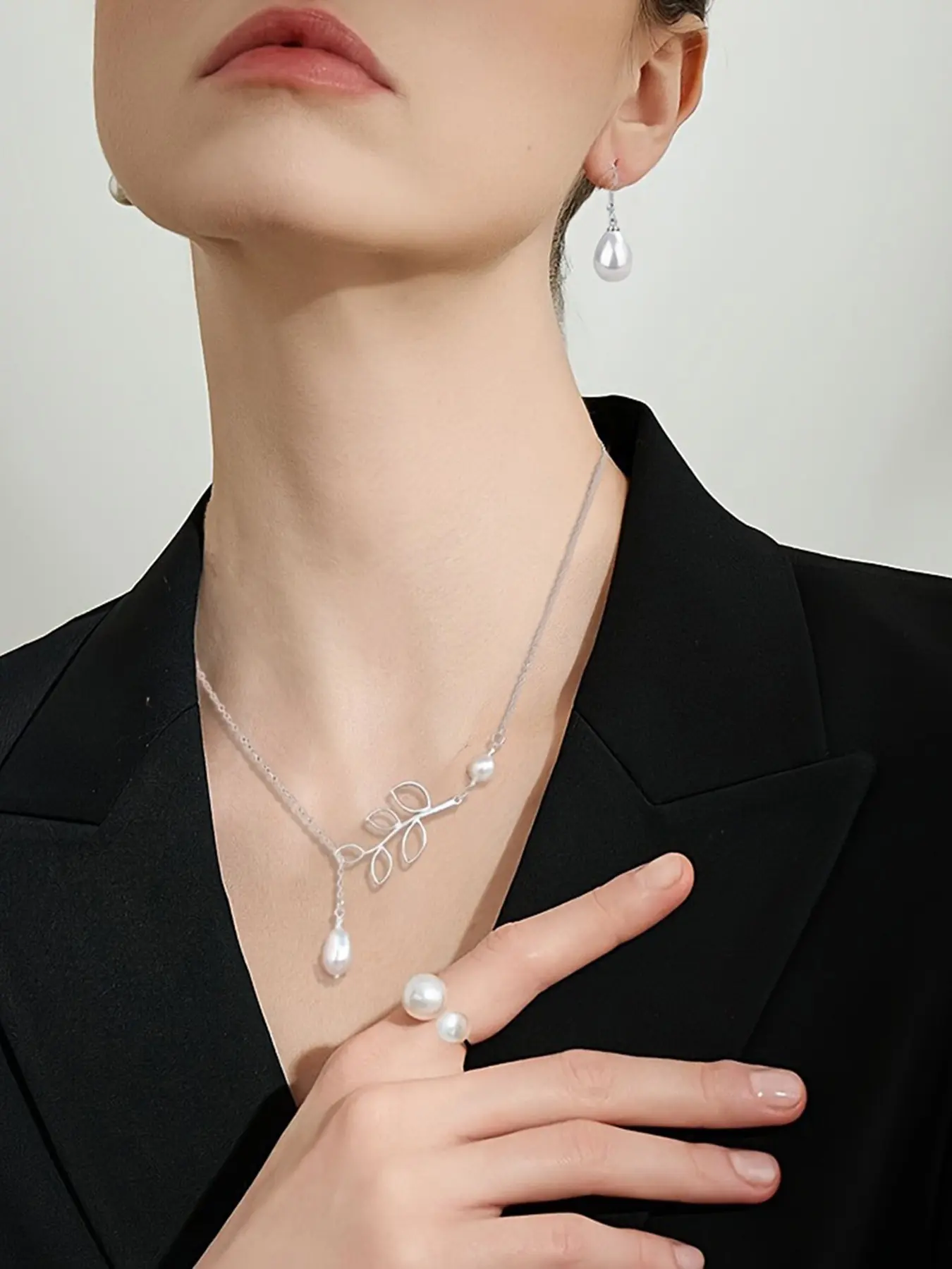 3Pcs Silver Leaf Y Lariat Pearl Jewelry Set for Women, Hollow Vine Necklace Teardrop Pearl Drop Earrings Dual-Pearl Open Ring Pack, Botanical Cottagecore Bridal Wedding Accessories