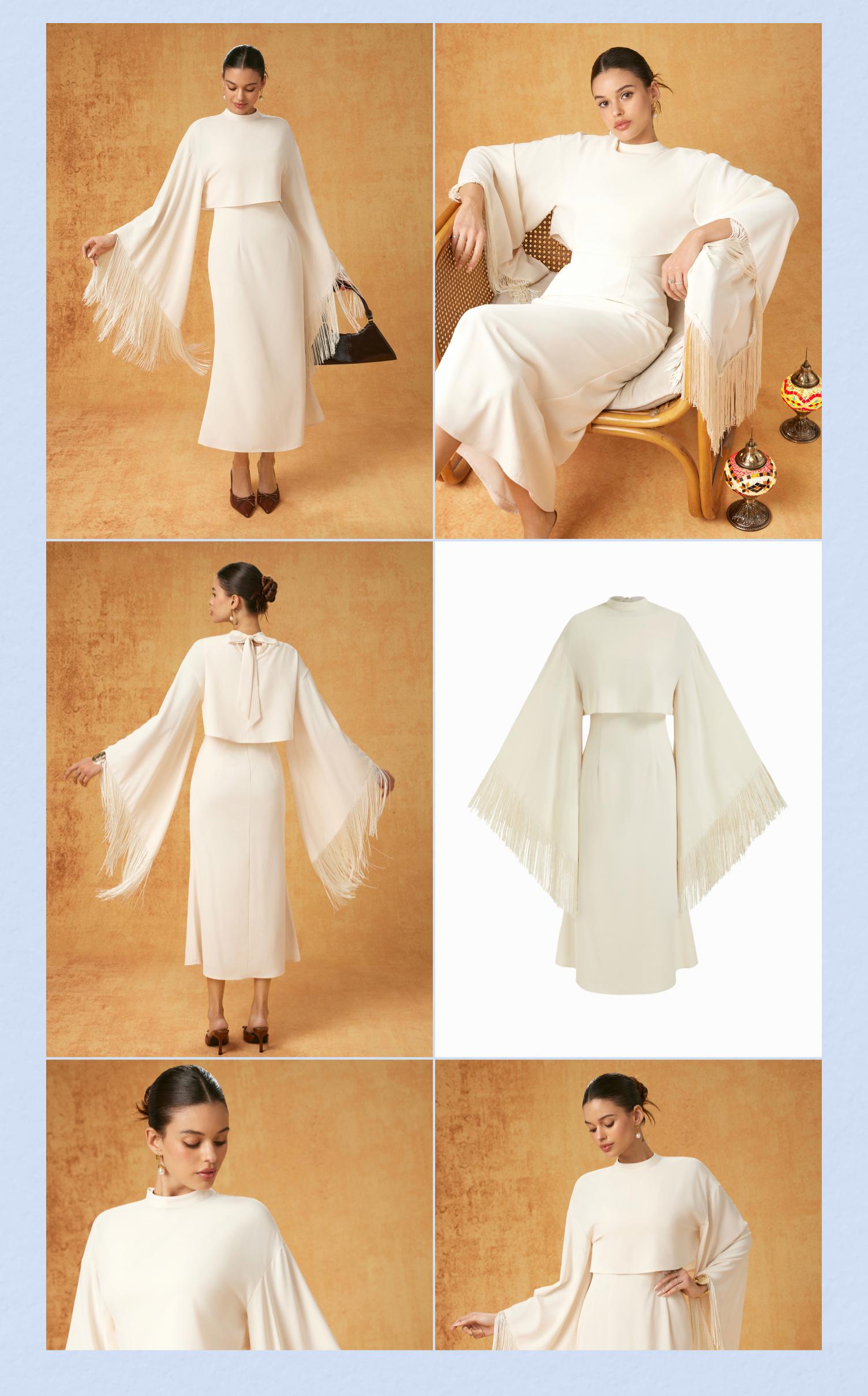 Cider High Neck Bell Sleeve Fringed cape overlay & Midi Dress Set