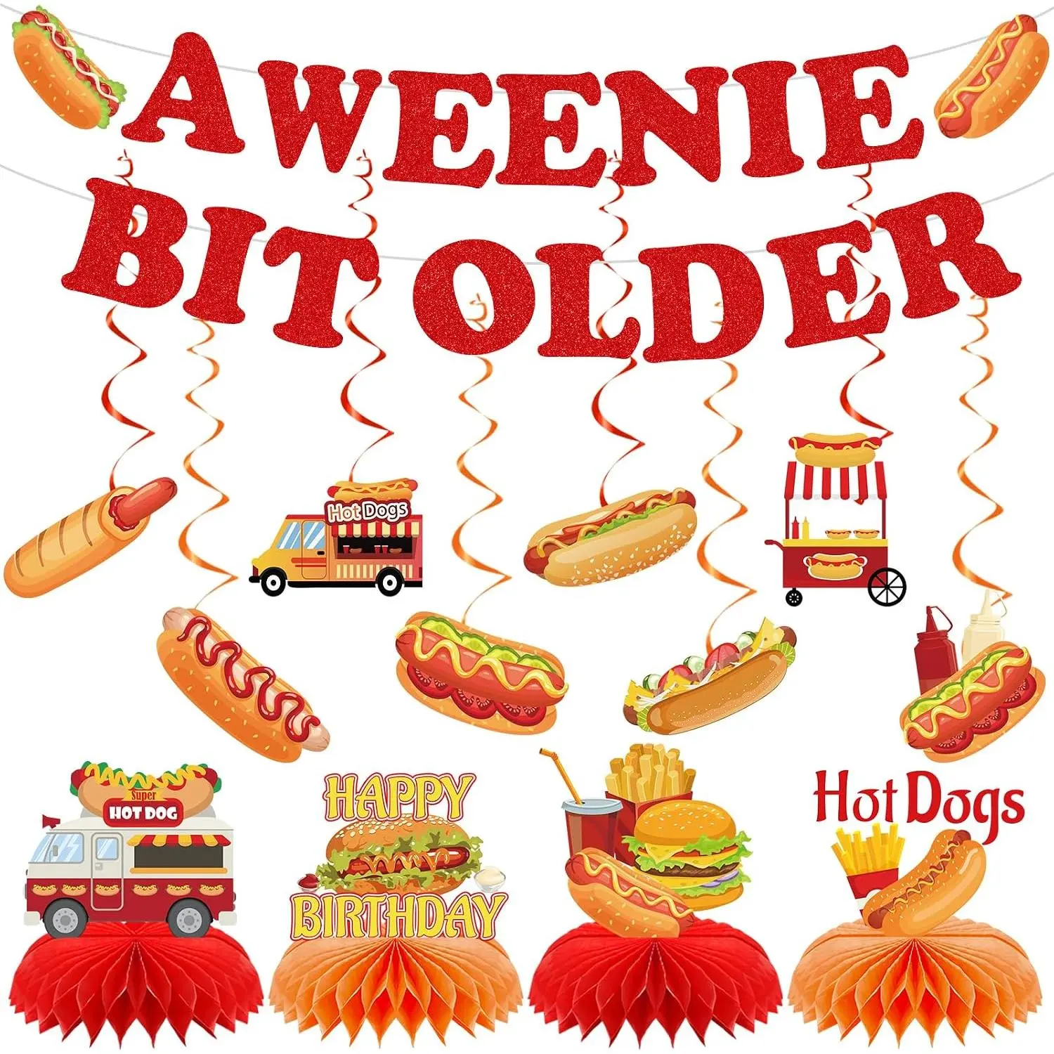 14-Piece Lightweight Hot Dog Party Decoration Set - Pre-strung Banner, Hanging Swirls, Honeycomb Centerpieces for Adult Sausage BBQ Cookout "A Weenie Bit Older" Birthday Supplies