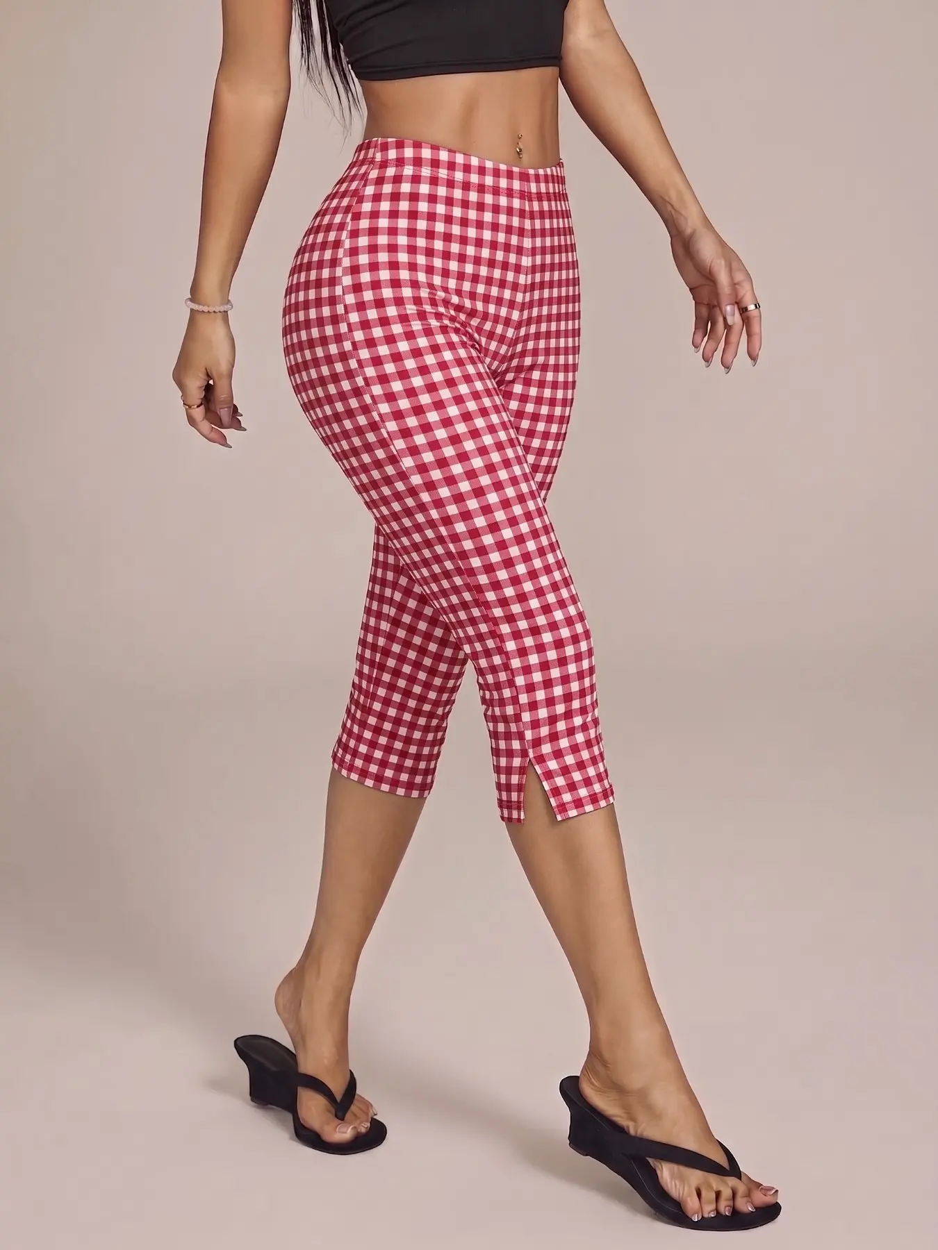 Women Red White Mini Gingham High Waist Capri Leggings Side Slit High Stretch Slim Yoga Loungewear Cropped Pants Single Bottoms