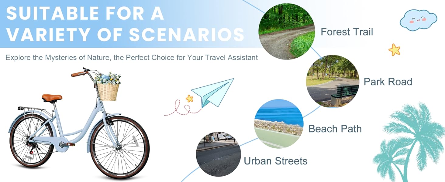 Beach Cruiser Bike for Women, 24 inch 7 Speed Commute Bike for Adults, Women Bicycle with Ratten Basket and Adjustable Seat, Lightweight Step Through Bike for Adults Women Ladies, Light Blue Beach Cruiser Bike for Women, 24 inch 7 Speed Commute Bike for Adults, Women Bicycle with Ratten Basket and Adjustable Seat, Lightweight Step Through Bike for Adults Women Ladies, Light Blue