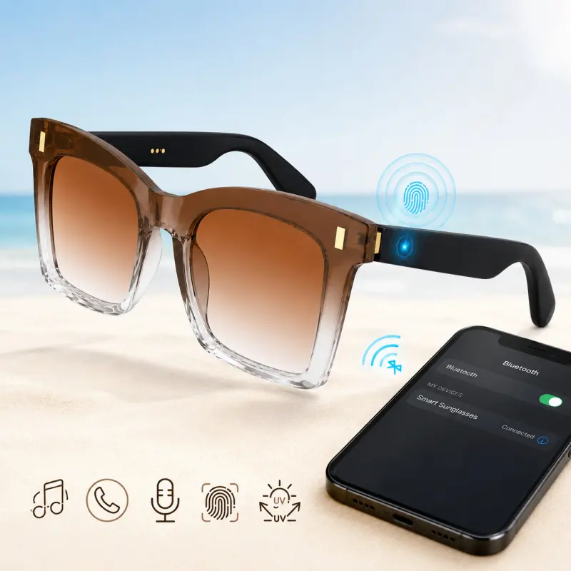 Smart Audio Glasses Fashion Square Sunglasses Bluetooth 6.0 Open Ear Speakers Touch Control Remote Shoot Voice Assistant UV Protection Wireless Audio Eyewear for Camping Vacation Unisex Gift