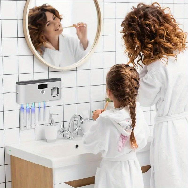 Wall-Mounted Bathroom Toothbrush Holder with UV Sanitizer, Rechargeable Cordless Toothbrush Organizer with Automatic Toothpaste Dispenser, Space-Saving Storage for Toothbrushes and Toothpaste