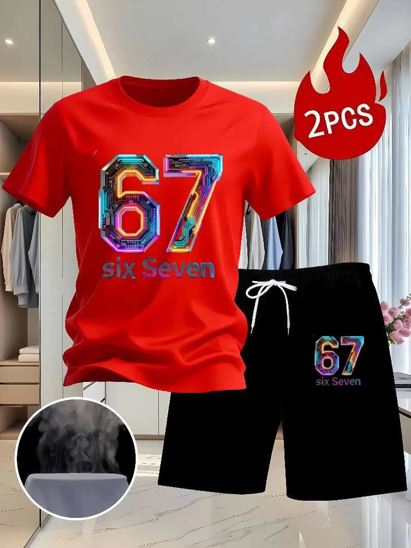 Urban Futuristic Circuit 67 Mens Matching Set, Quick Dry Anti-Stain Light Fabric, Neon Tech Graphic Crew Neck Tee & Drawstring Printed Shorts, Casual Daily Wear For Men, Weekend City Travel Club Wear, Hot Trendy Cyber Hip Hop Tracksuit