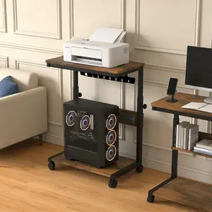 Adjustable Height 2-Tier Mobile Computer Tower Stand with Built-in USB Power Outlet, Heavy-Duty Wood & Steel Frame, Under Desk CPU Holder for Office or Home ﻿