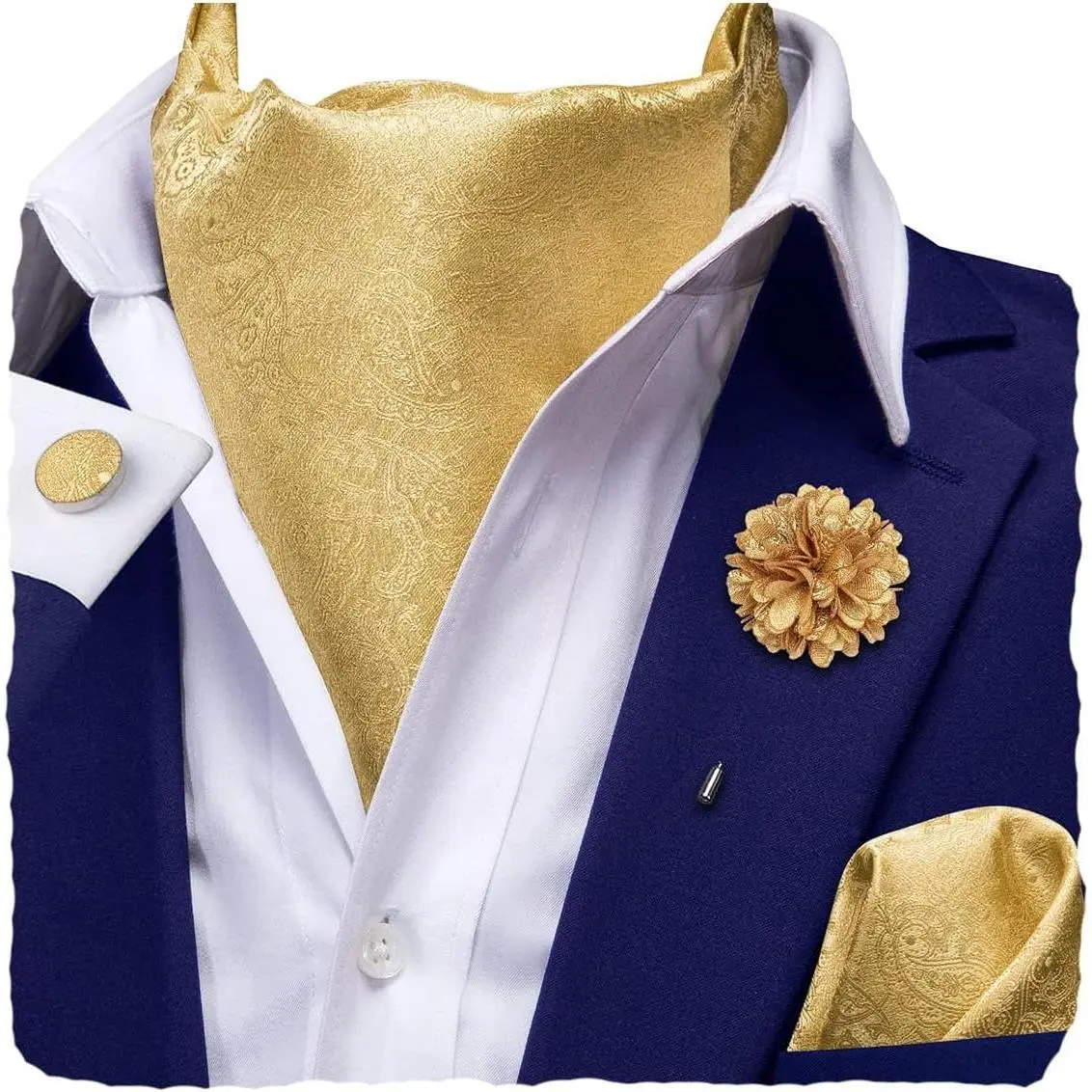 Hi-Tie Silk Ascot for Men Self Tie Men's Cravat and Flower Lapel Pin Handkerchief Cufflinks Set for Wedding Party