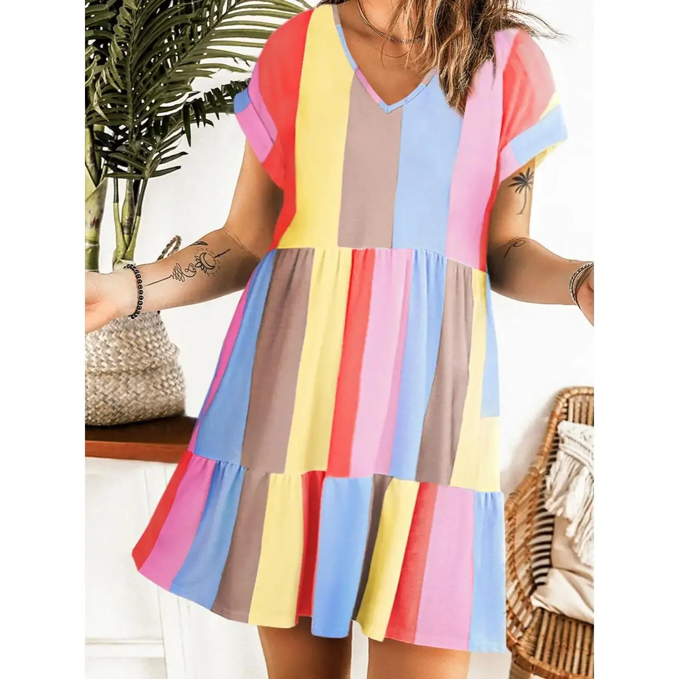 Multicolor Striped Color Block Tiered Mini Dress, Featured With A V-Neckline, Short Sleeve, High Waist, and Loose Fit.