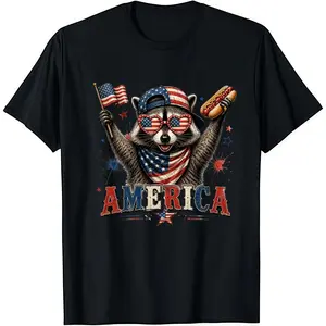 Patriotic Raccoon America T-Shirt, Funny 4th of July Raccoon with American Flag Sunglasses & Hot Dog Print Tee, Cute USA Independence Day Animal Shirt, Perfect Gift for Patriotic Americans & Raccoon Lovers,summerwins