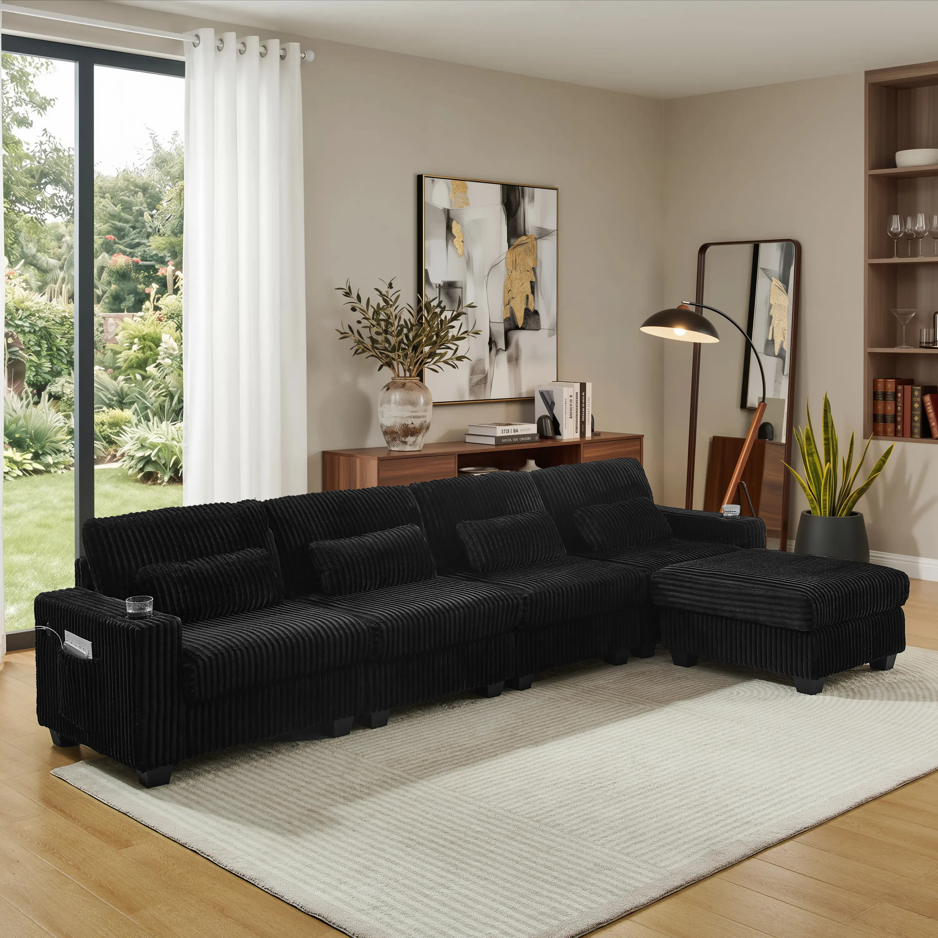 ARCH L-Shaped Corduroy Modular Sectional Sofa with Detachable Ottoman, Dual Armrests with Storage Pockets and Cup Holders, 4-Seat Living Room Couch with Lumbar Pillows, Plastic Feet, Black, Black Color Options, Foam Material, 4 Seat Seat Count