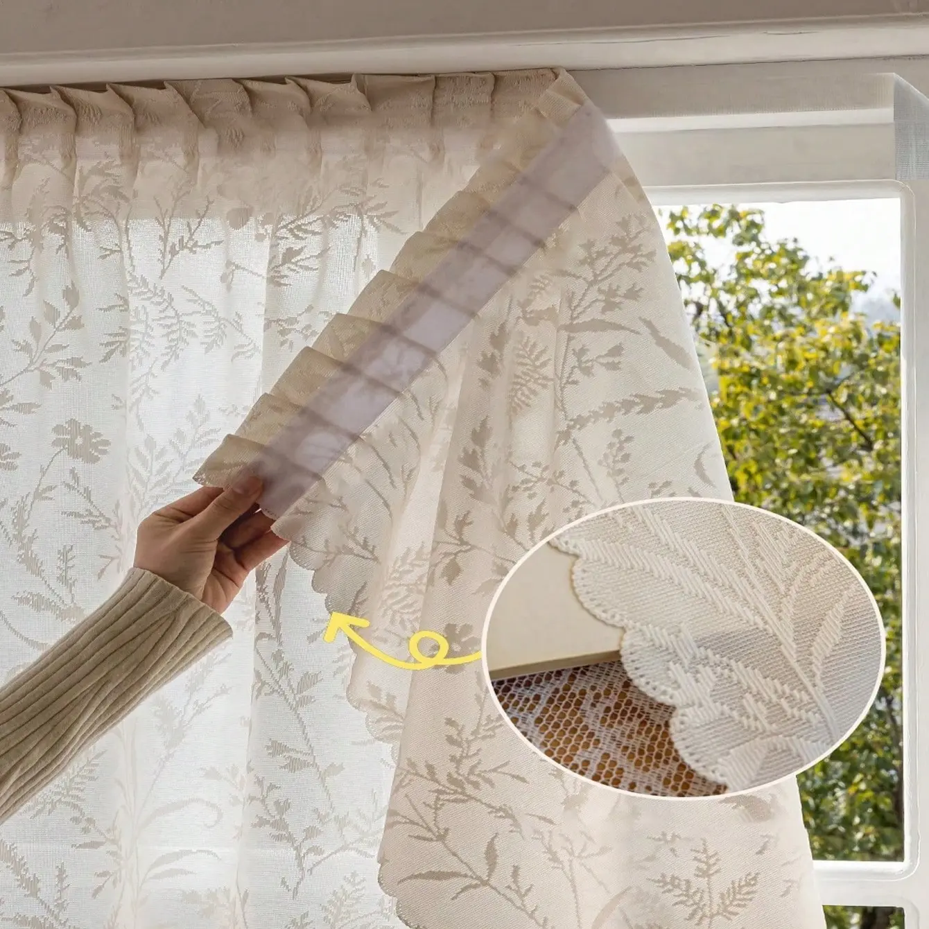 1pc No-Drill Installation Hook-And-Loop Sheer Curtain, Translucent But Not See-Through, French Style For Bedroom, Living Room, Bay Window, Balcony, Sunscreen, Dust-Proof, Easy To Remove