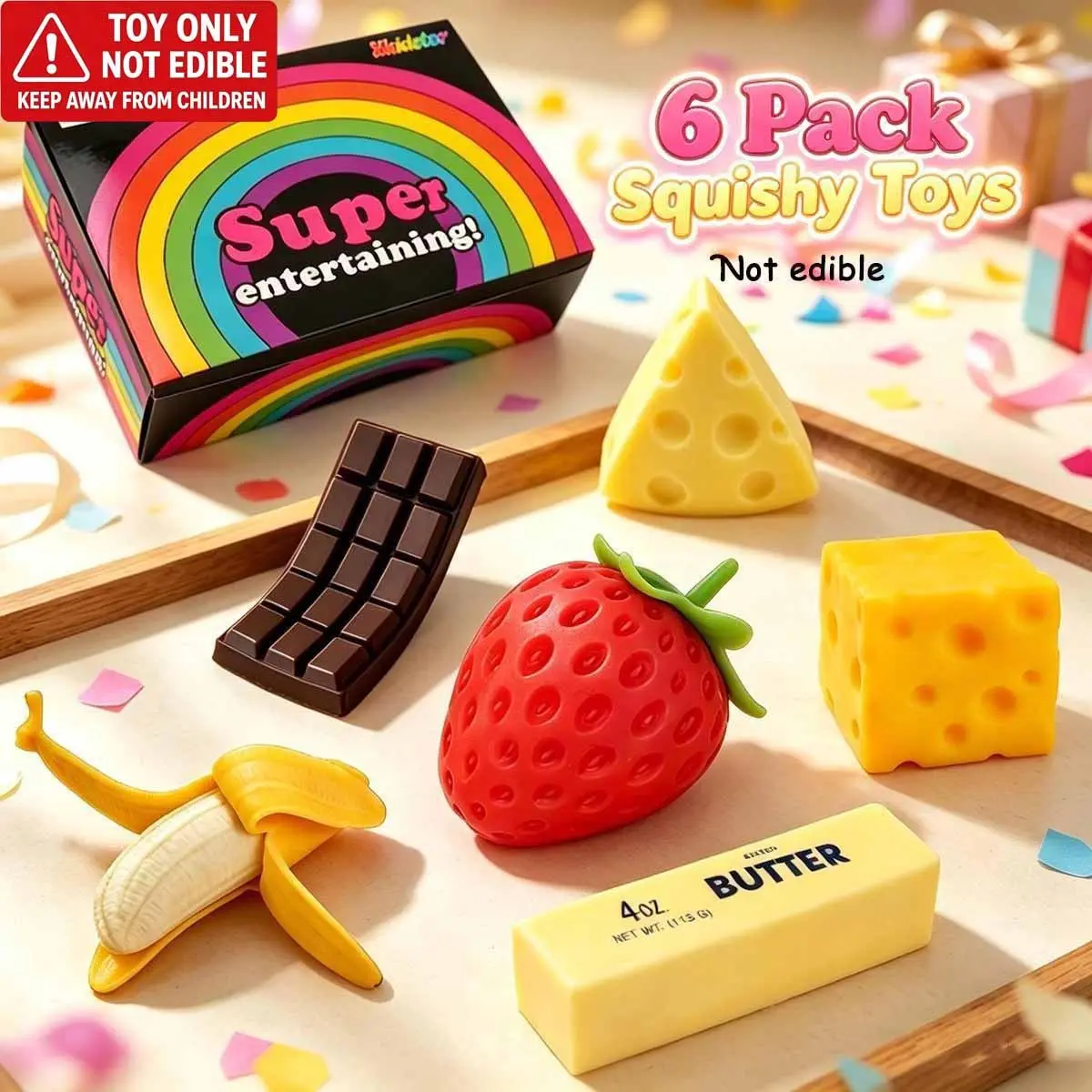 6Pcs Novelty Gag Squishy Toy Set, Realistic Simulation Food Squeeze Toys with Cheese, Chocolate, Butter, Strawberry and Banana, Fun Stress‑Relief Fidget Toys, Hilarious Prank Gifts for Kids, Teens, Adults & Friends, Random Colors