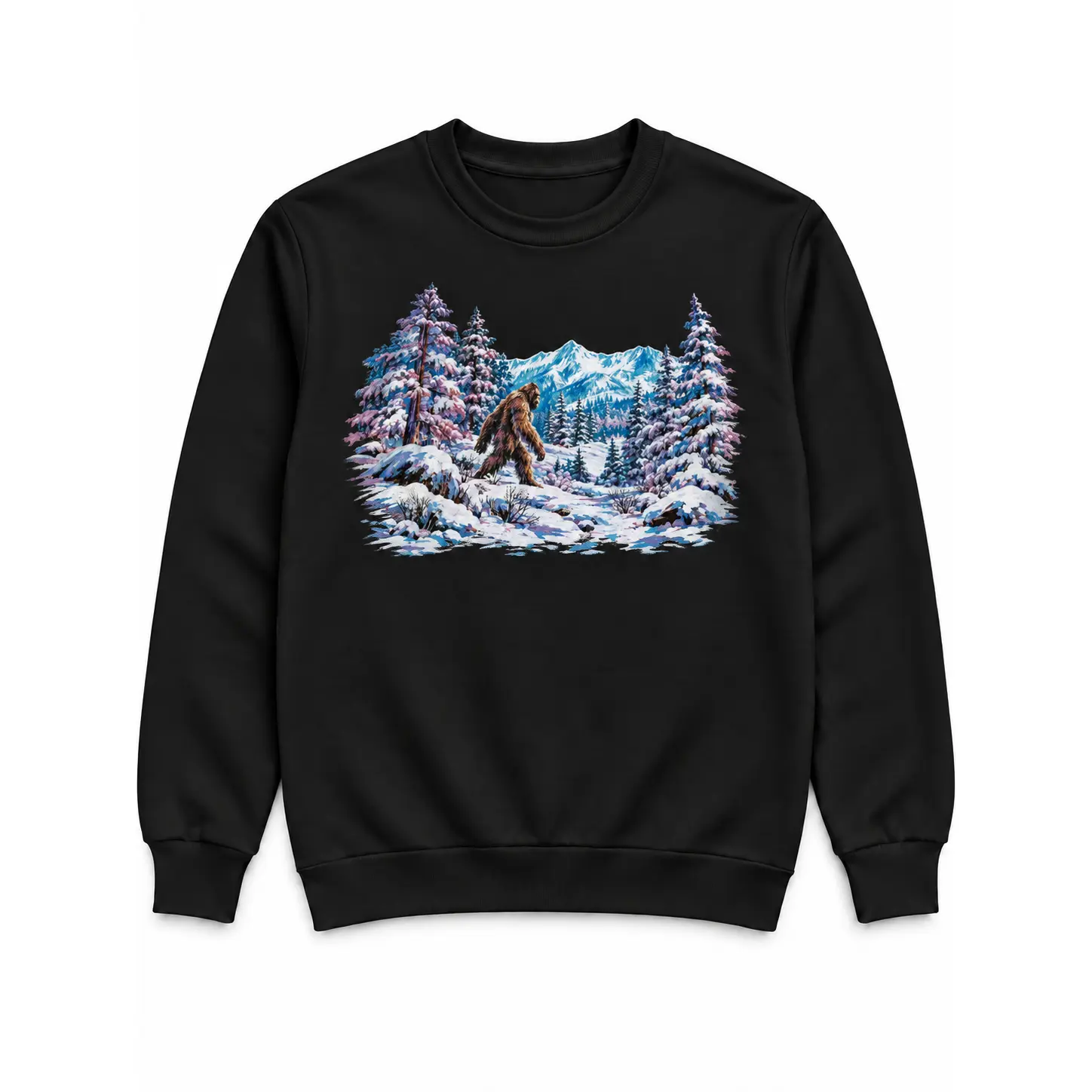 Snowy Bigfoot Mountain Graphic T-Shirt or Crewneck Sweatshirt, Sasquatch Walking in Winter Forest, Unisex Outdoors Nature Shirt