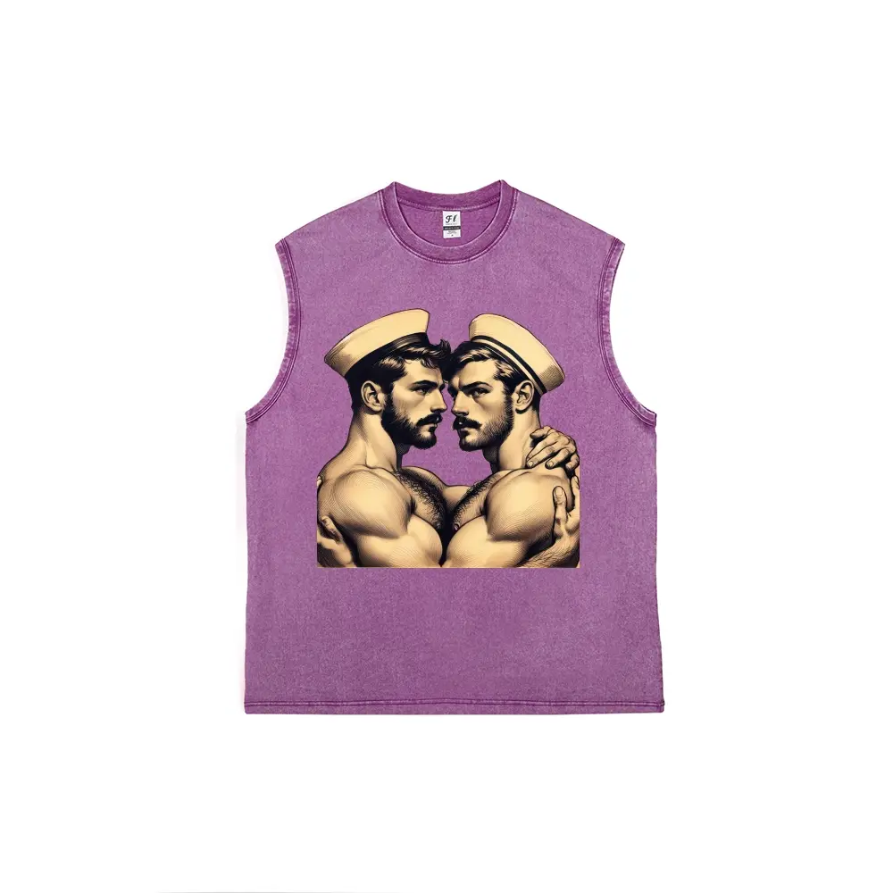 Men's 100% Cotton Vintage Washed Relaxed Fit Loose Crew Neck Muscle Tank Top - Menswear, Retro Sailor Bear Graphic Print, Soft Sleeveless, Breathable Fabric, Distressed, Casual Cargo Style, for Streetwear & Gym