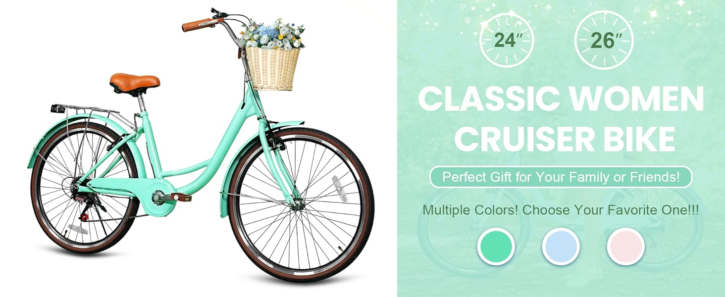 Beach Cruiser Bike for Women, 24 inch 7 Speed Commute Bike for Adults, Women Bicycle with Ratten Basket and Adjustable Seat, Lightweight Step Through Bike for Adults Women Ladies, Light Blue