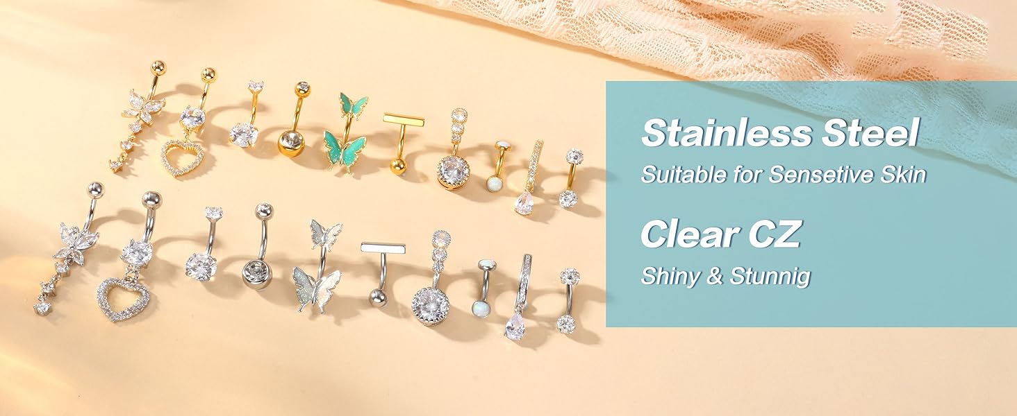 ZELORES 10 Pieces Of 14G Belly Button Ring Stainless Steel Opal CZ Navel Piercing Belly Rings for Women Clicker Dangle Belly Button Piercing Jewelry Silver Gold