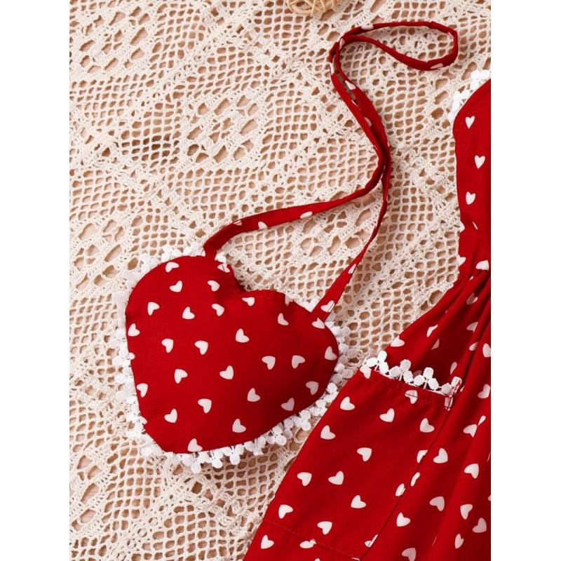 Young Girl Allover Heart Print Lace Trim Cami Dress With