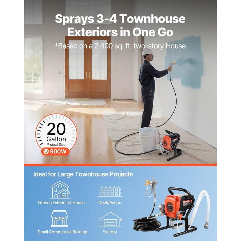 VEVOR Stand Airless Paint Sprayer, 900W, 3300PSI High Pressure Airless Sprayer with Cart, Cleaning Brush, Hose, Extension Rod, Nozzles, Electric Spray Paint Machine for Interior or Exterior of House