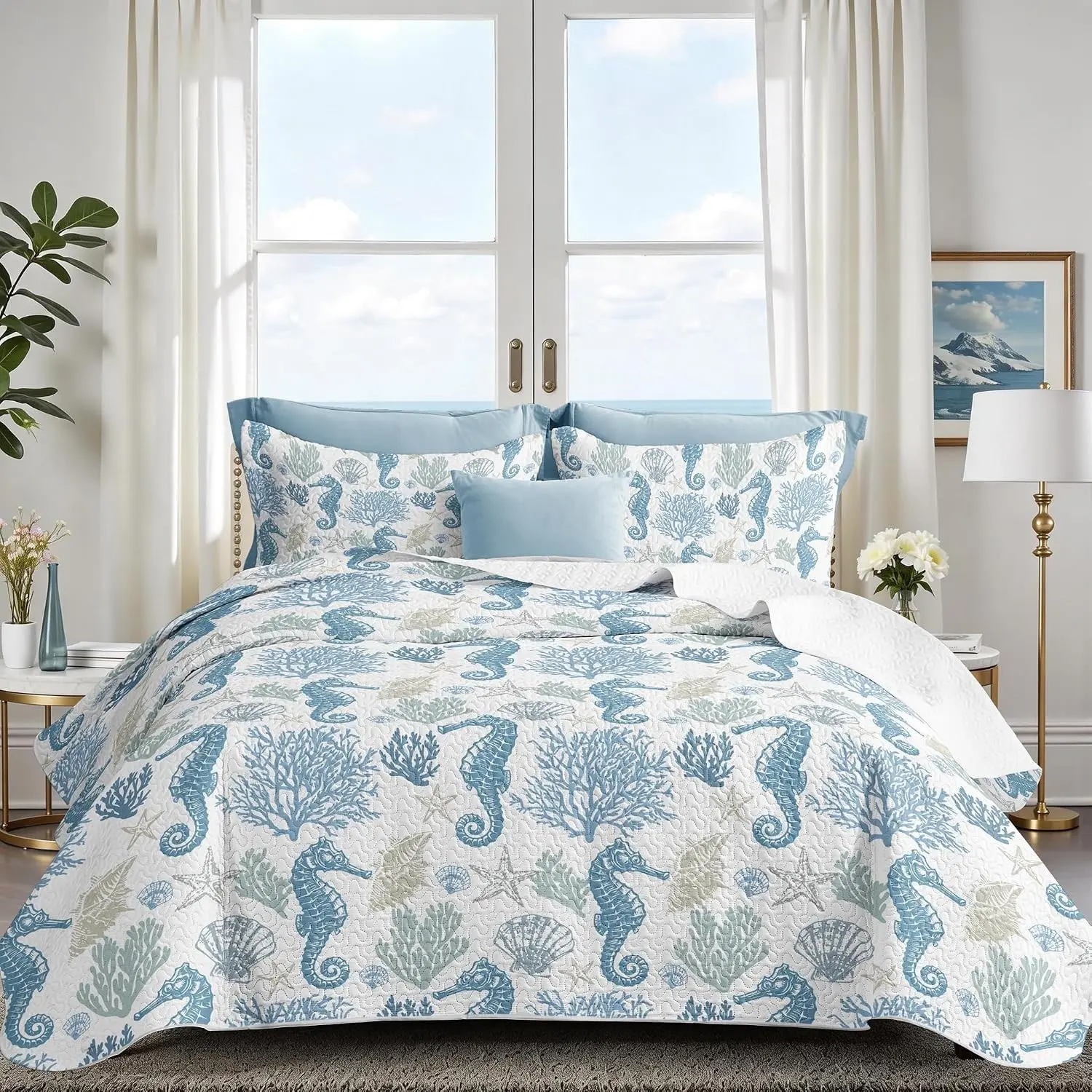 Coastal Bedding Queen Size Coastal Quilt with 2 Shams, Nautical Beach Comforter Sets Ocean Bedspreads Blue Seahorse Coverlet Summer Bedding, 90''x96''