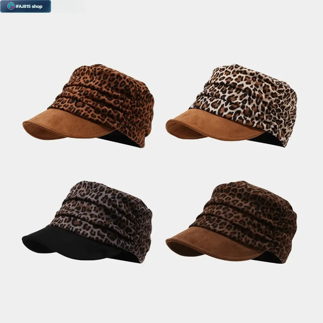 Women's Leopard Print Cadet Beret - Retro Short-Brim Newsboy Cap, Ruched Crown, Lightweight Soft Fabric Fall Winter Fashion Accessory for Casual Days, Travel Gifts